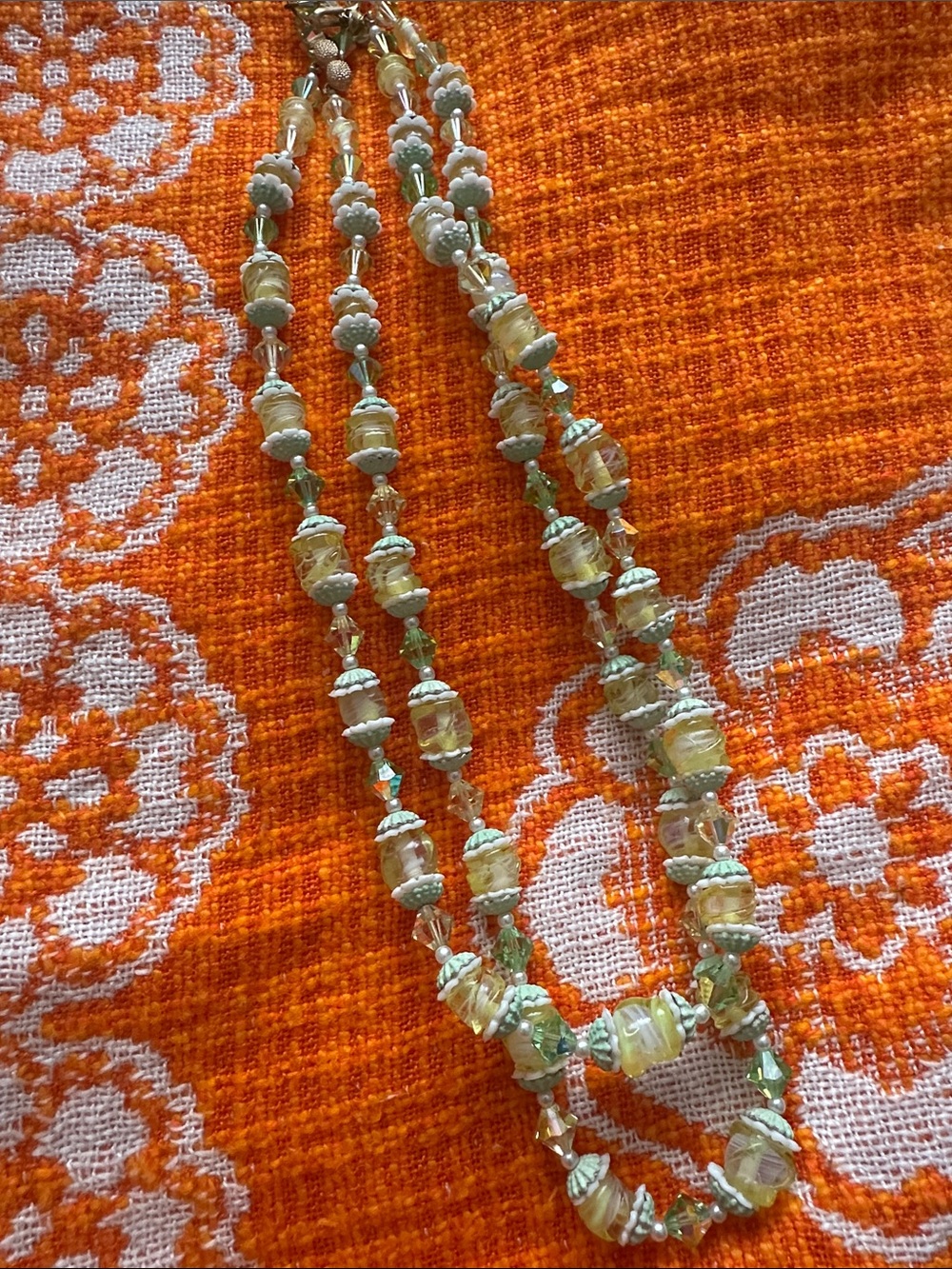 Handcrafted Light Green and white Vintage Glass Beaded Necklace - Women Jewelry